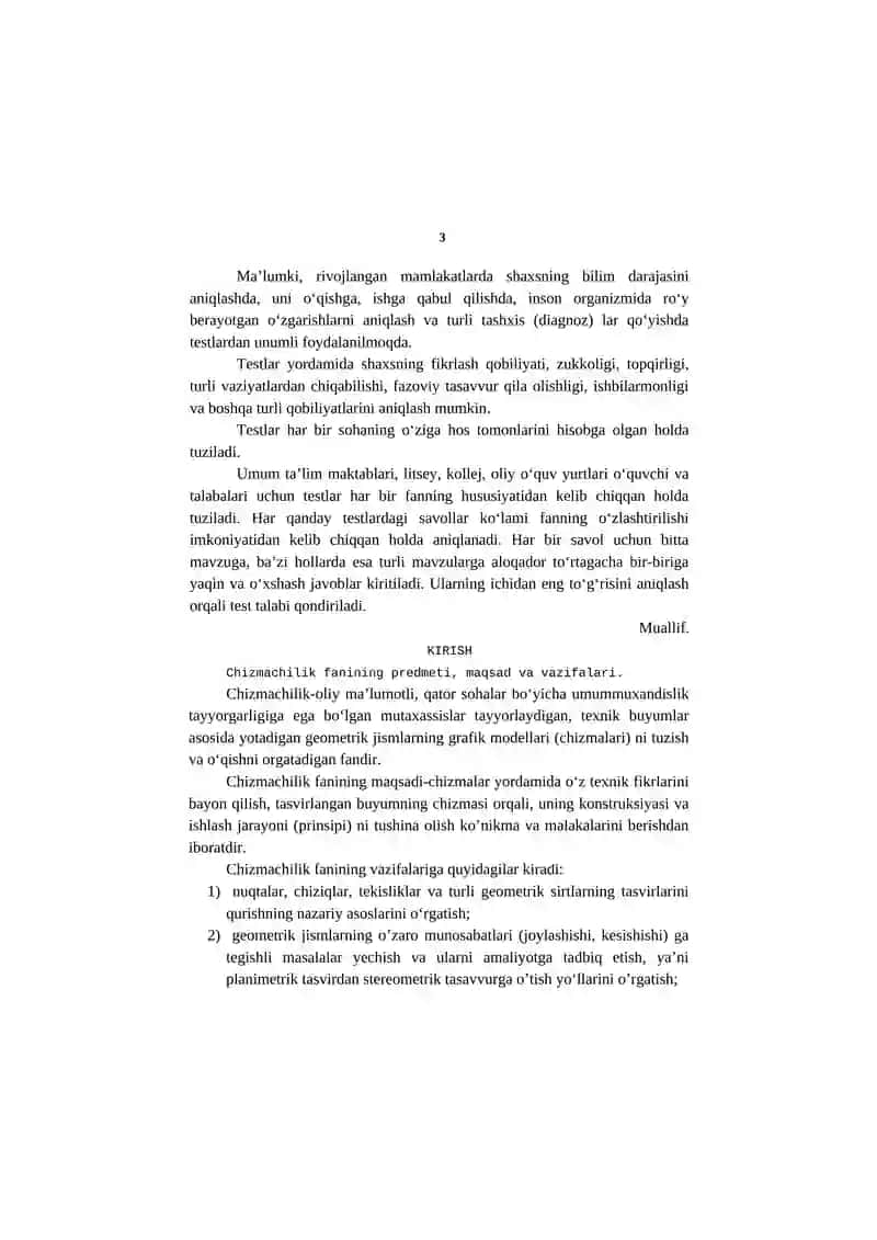 Chizmachilik kursi testlar to'plami 3