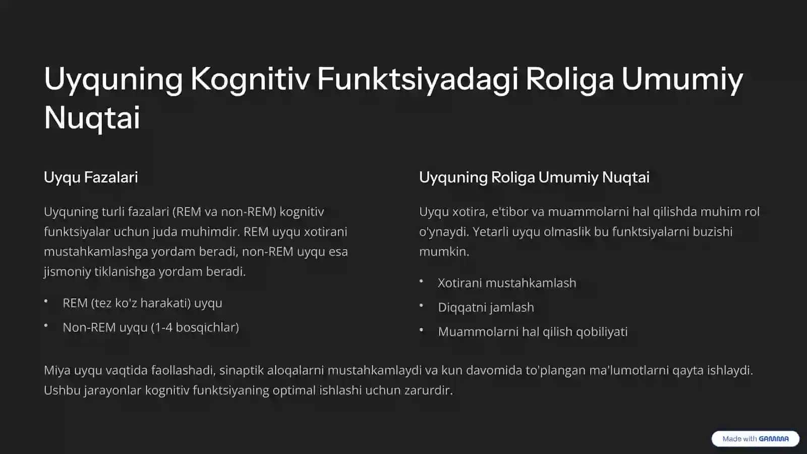 Uyqusizlik va Kognitiv Funktsiya 3