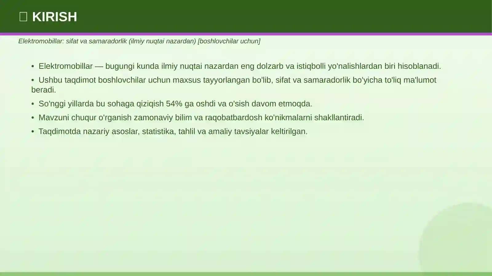 ELEKTROMOBILLAR: sifat va samaradorlik 3