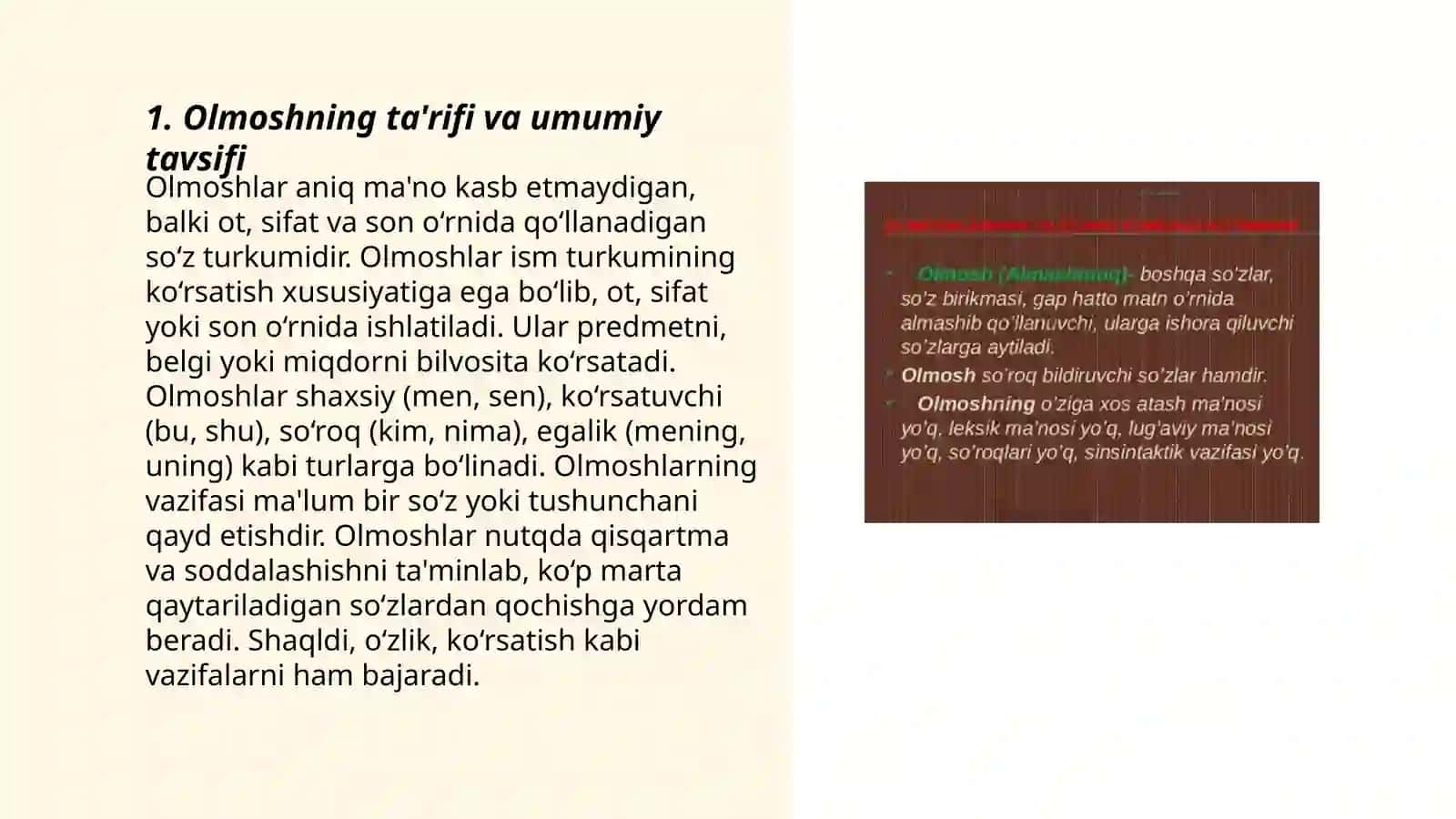 Olmoshning ta'rifi va grammatik xususiyatlari. Olmoshlarning ma'no jihatdan turlari 3