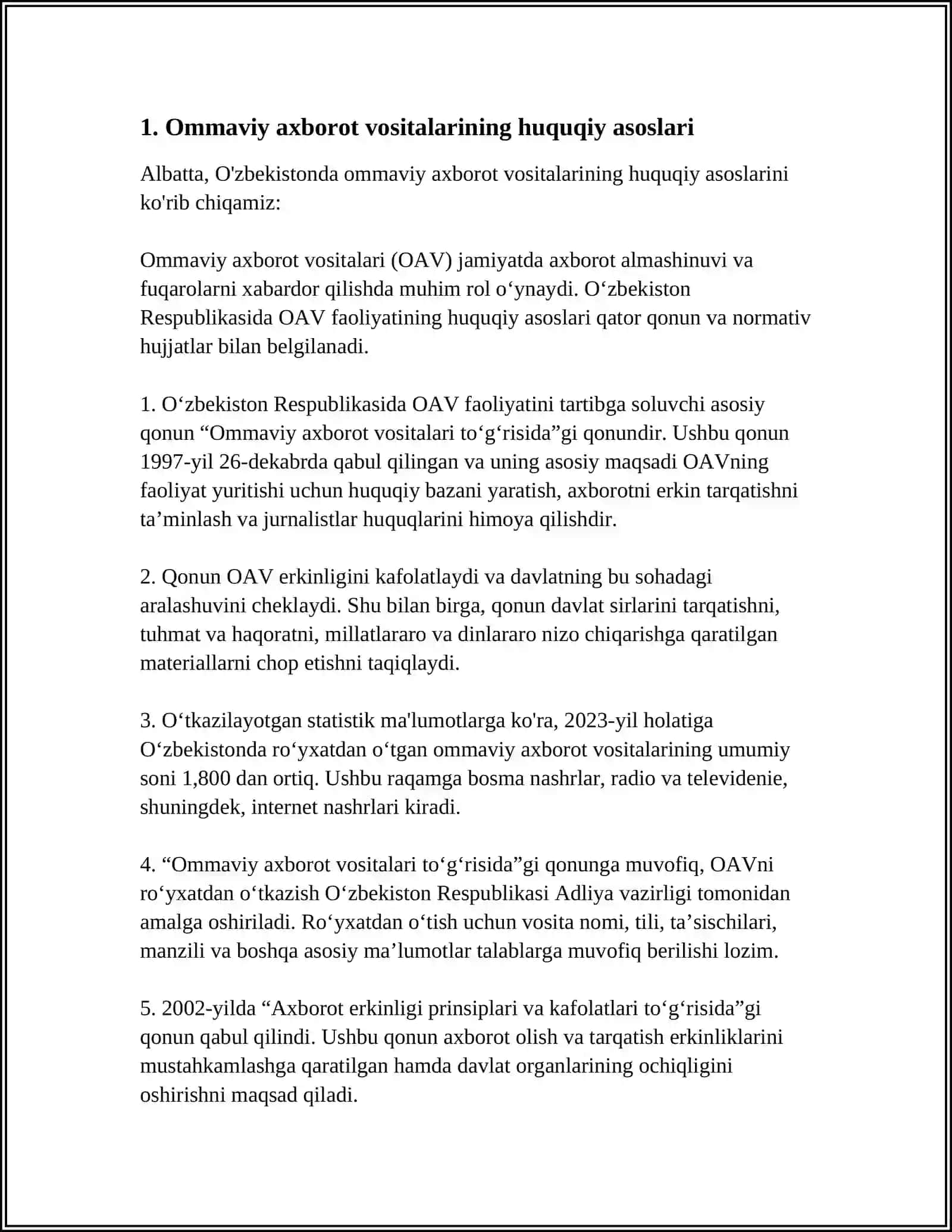 OʻZBEKISTON RESPUBLIKASIDA OMMAVIY AXBOROT VOSITALARINING FAOLIYATI 3