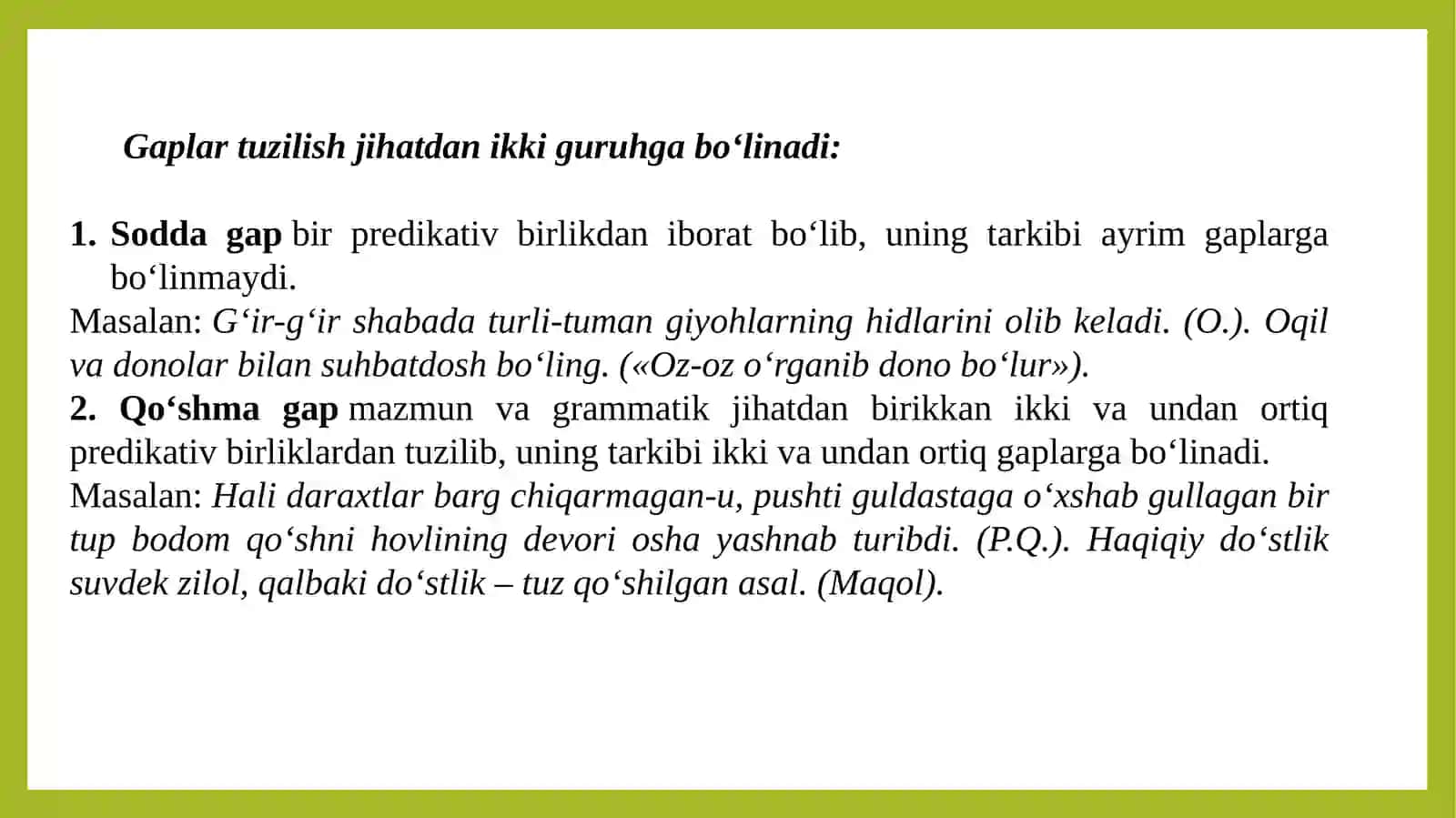 GAPLARNING TUZILISH JIHATDAN TURLARI: SODDA VA QO‘SHMA GAP. SODDA GAP TURLARI.BIR BOSH BO‘LAKLI VA IKKI BOSH BO`LAKLI GAPLAR, ULARNING TURLARI.TO‘LIQ VA TO‘LIQSIZ GAPLAR, ULARNING TURLARI. SO‘Z-GAPLAR, ULARNING TURLARI 3