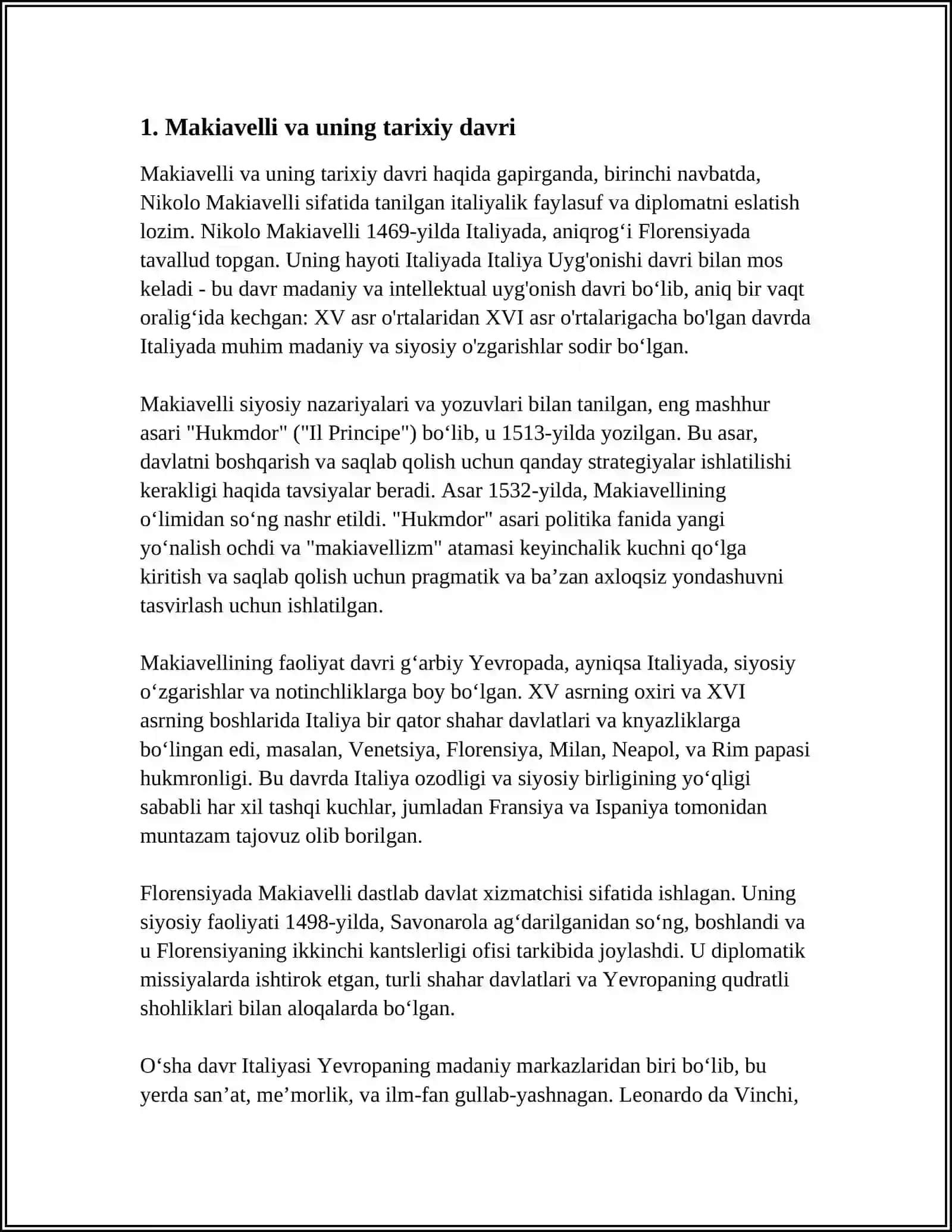 MUSTAQIL ISH Mavzu: MAKIAVELLINING HUKMDOR ASARI 3
