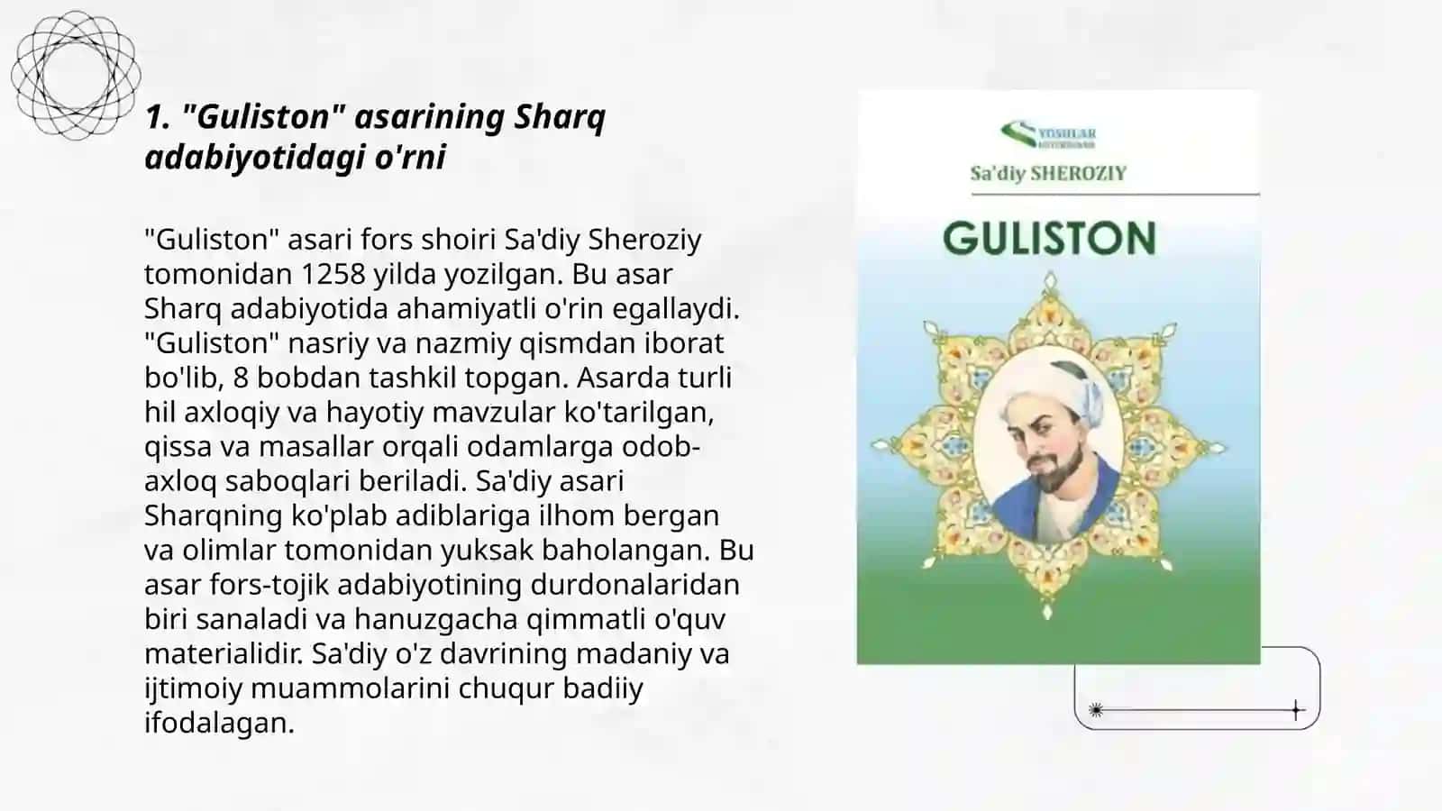 Sad'iy Sheroziy "Guliston" asarining Sharq adabiyotida tutgan o'rni 3