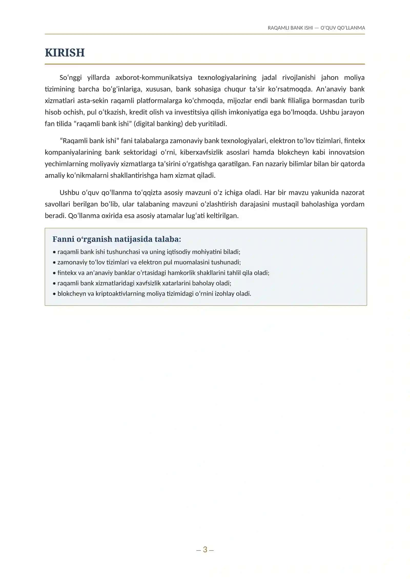 RAQAMLI BANK ISHI — O‘QUV QO‘LLANMA 3