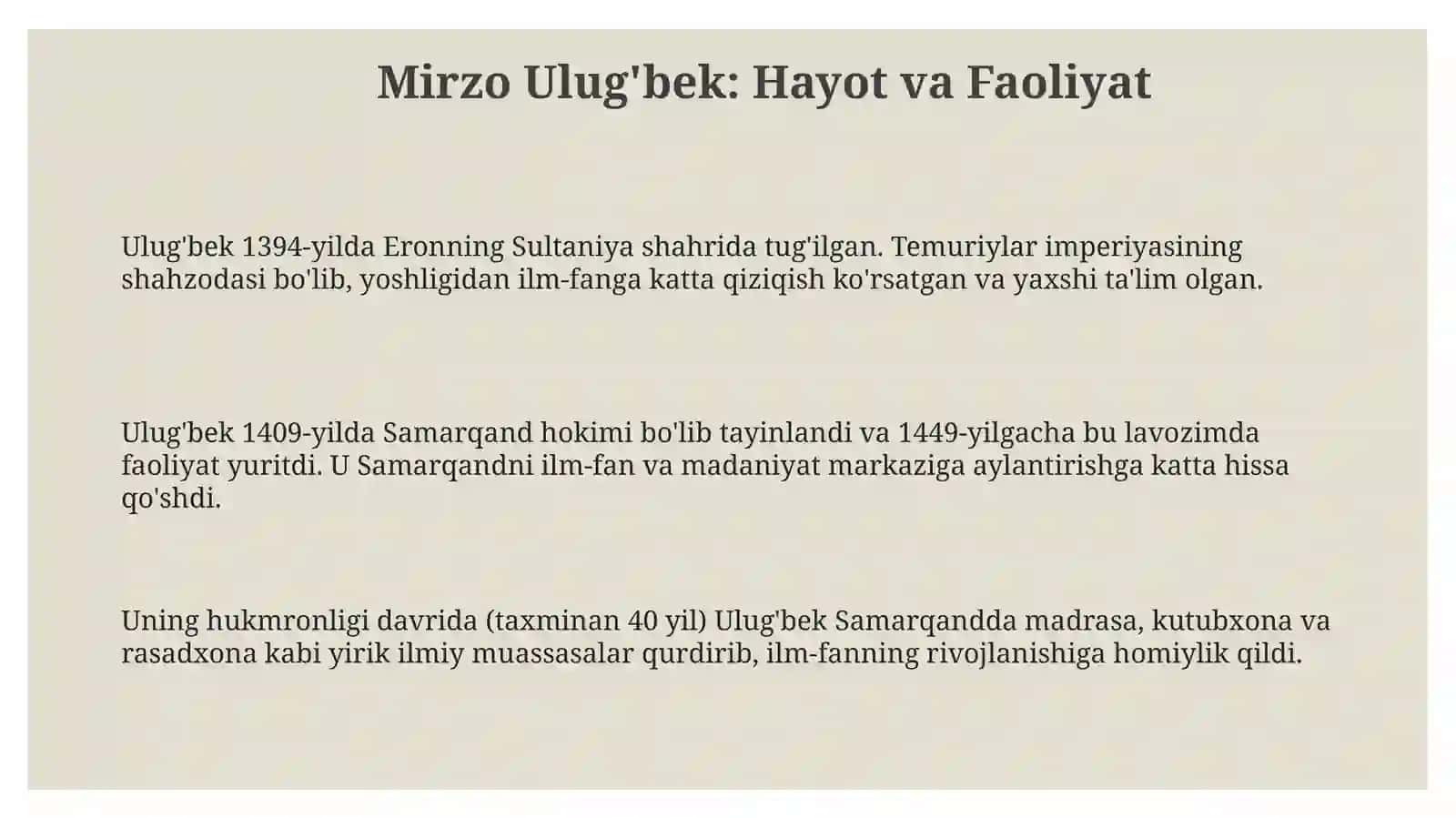 Mirzo Ulug’bek: Hayot va Faoliyat 3