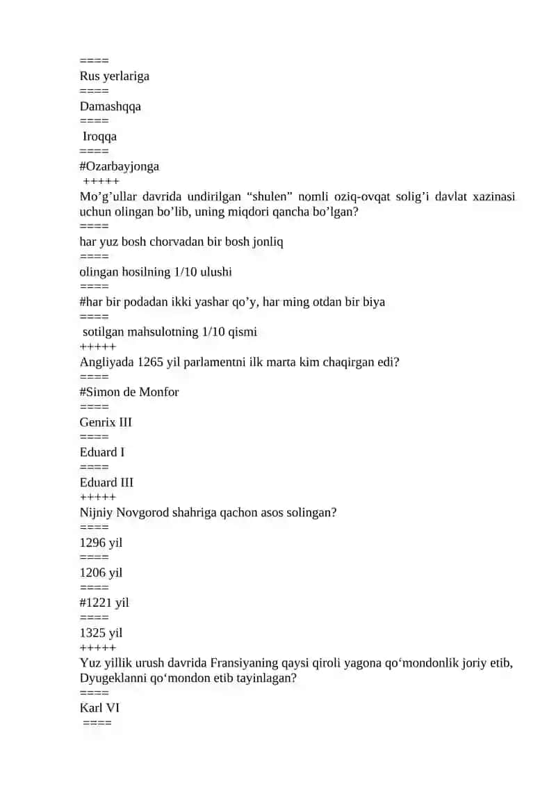 Jahon tarixi fanidan 2-kurs 2- semester uchun test savollari 3