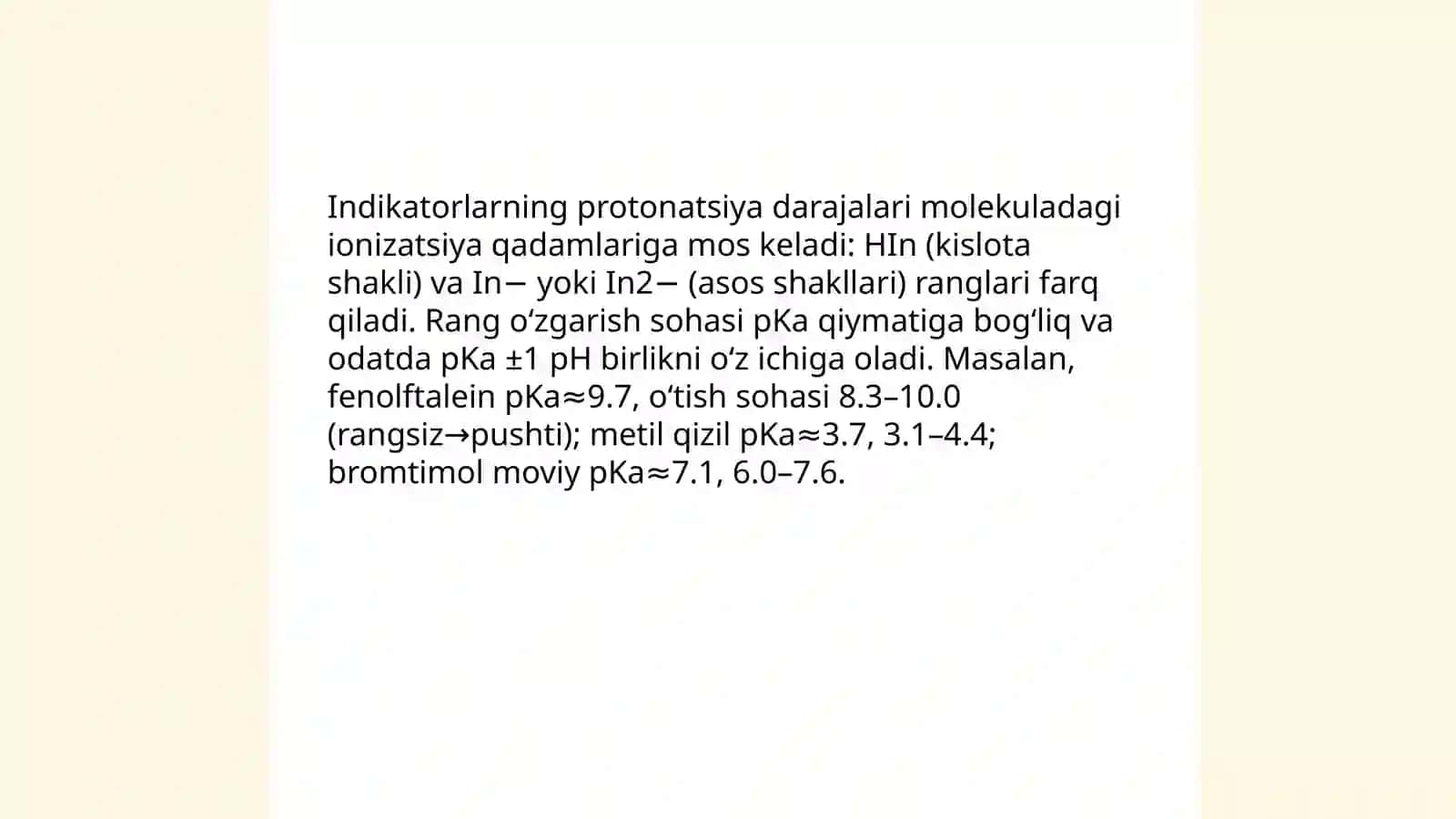 Indikatorlarning Protonatsiya Darajalari va Rang O'zgarish Sohasi 3