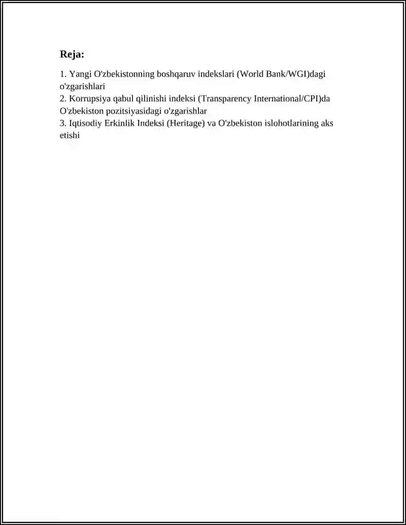 YANGI O'ZBEKISTON IJTIMOIY, SIYOSIY, IQTISODIY VA MADANIY HAYOTIDA RO'Y BERAYOTGAN O'ZGARISHLARINING XALQARO REYTING VA INDEKSLARDA AKS ETISHI 3