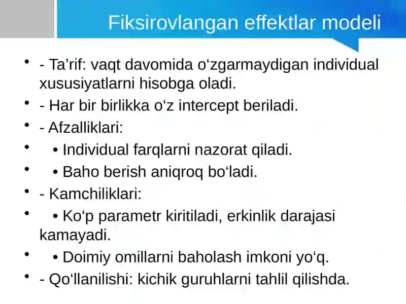 Fiksirovlangan effektlar va tasodifiy effektlar modellari 3