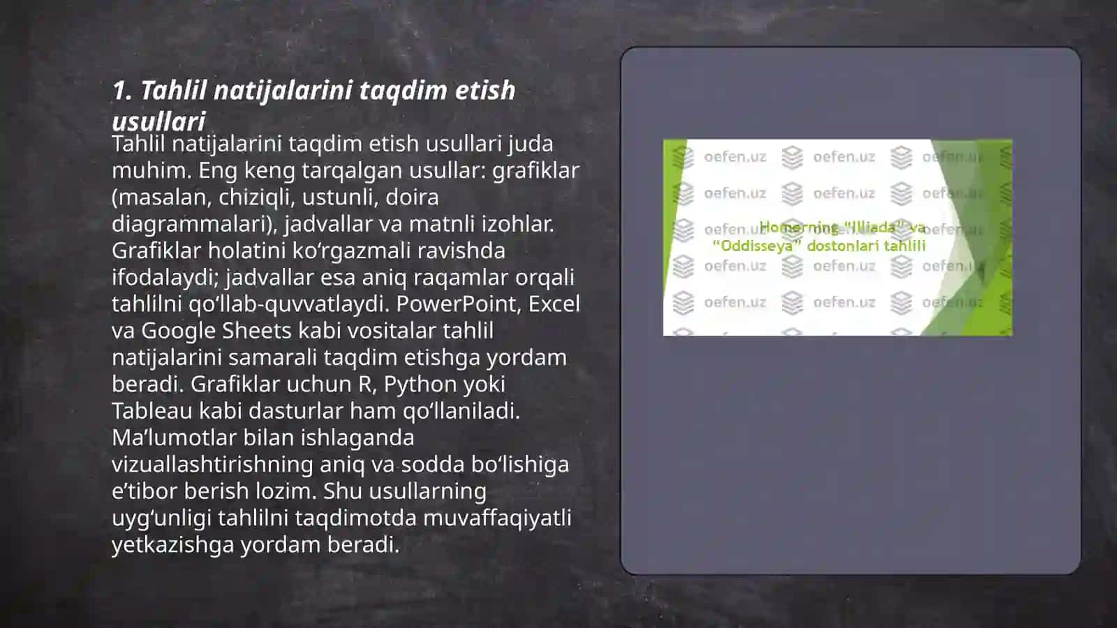 Tahlil natijalarini taqdim etish usullari 3