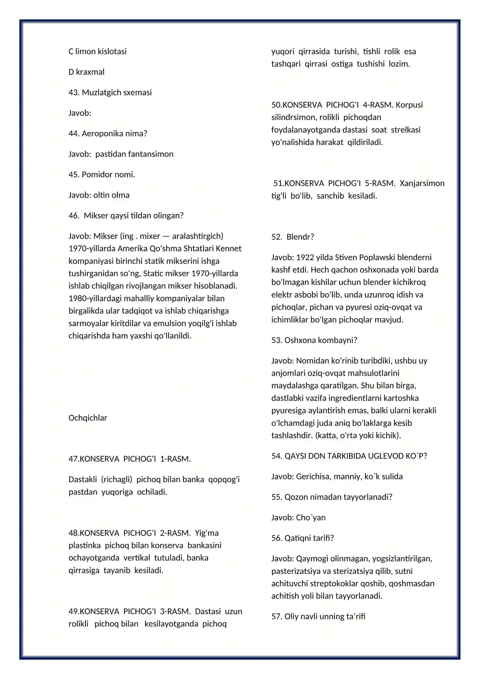 Texnologiya fanidan 200 talik test javoblari bilan 3