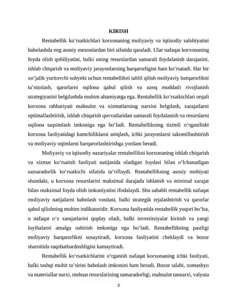 Rentabellik ko‘rsatkichlari va ularning o‘zgarishiga 3