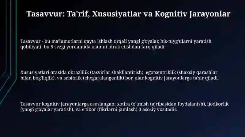 Tasavvur: Ta'rif, Xususiyatlar va Kognitiv Jarayonlar 3