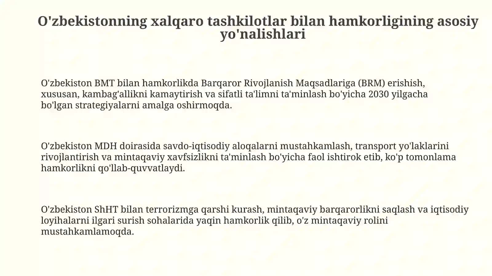 O‘zbekistonning xalqaro tashkilotlar bilan hamkorlikaloqalari 3