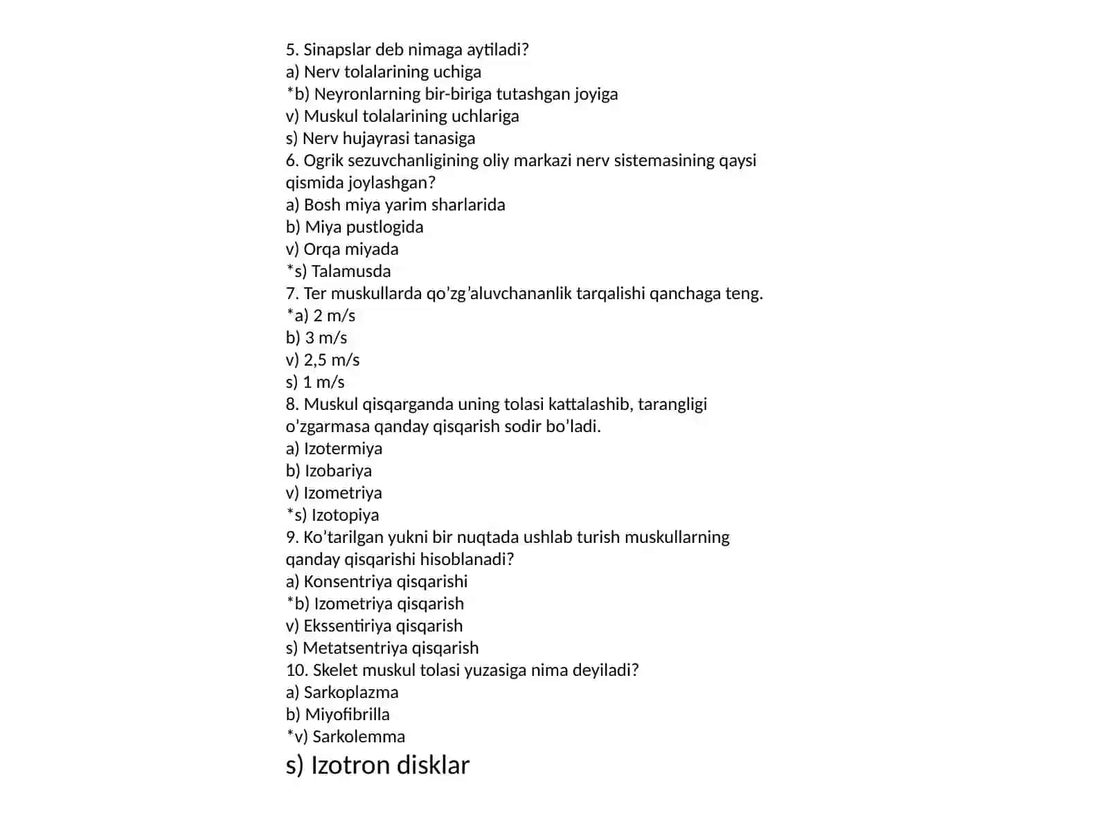 Odam fiziologiyasi sifanidagi testlar 3