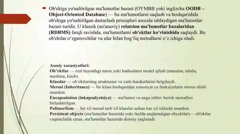 Ob’ektga yo’naltirilgan ma’lumotlar bazasi. 3