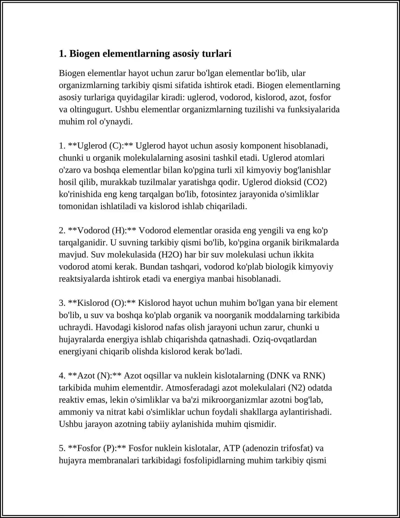 MUSTAQIL ISH Mavzu: BIOGEN ELEMENTLAR VA ULARNING AHAMIYATI 3