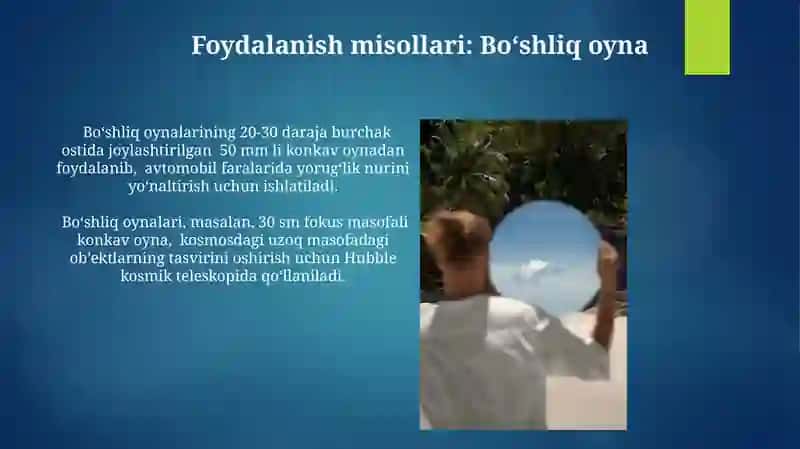 Yassi ko’zgu,botiq va qavariq ko’zgularda tasvirlar yasash 3