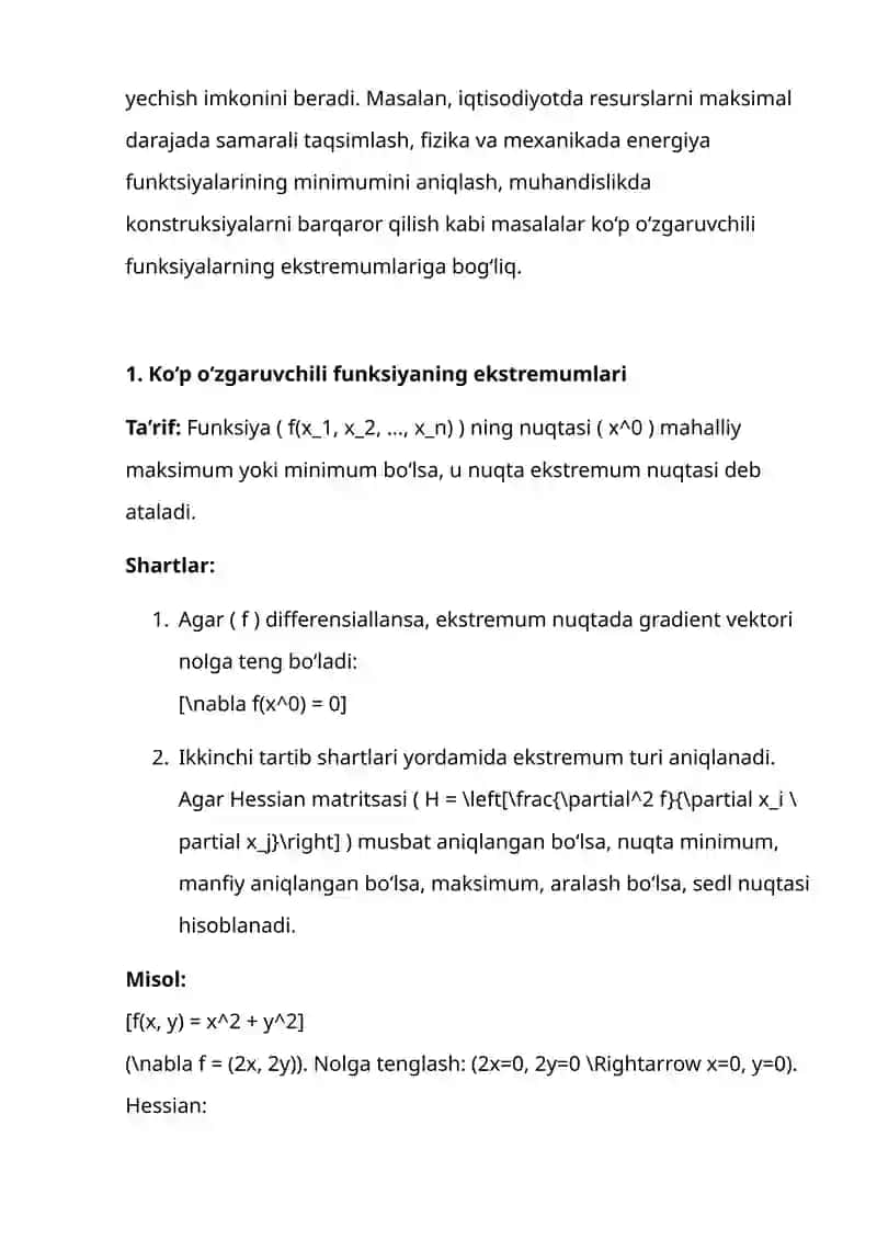 Ko‘p o‘zgaruvchili funksiya ekstremumlari 3