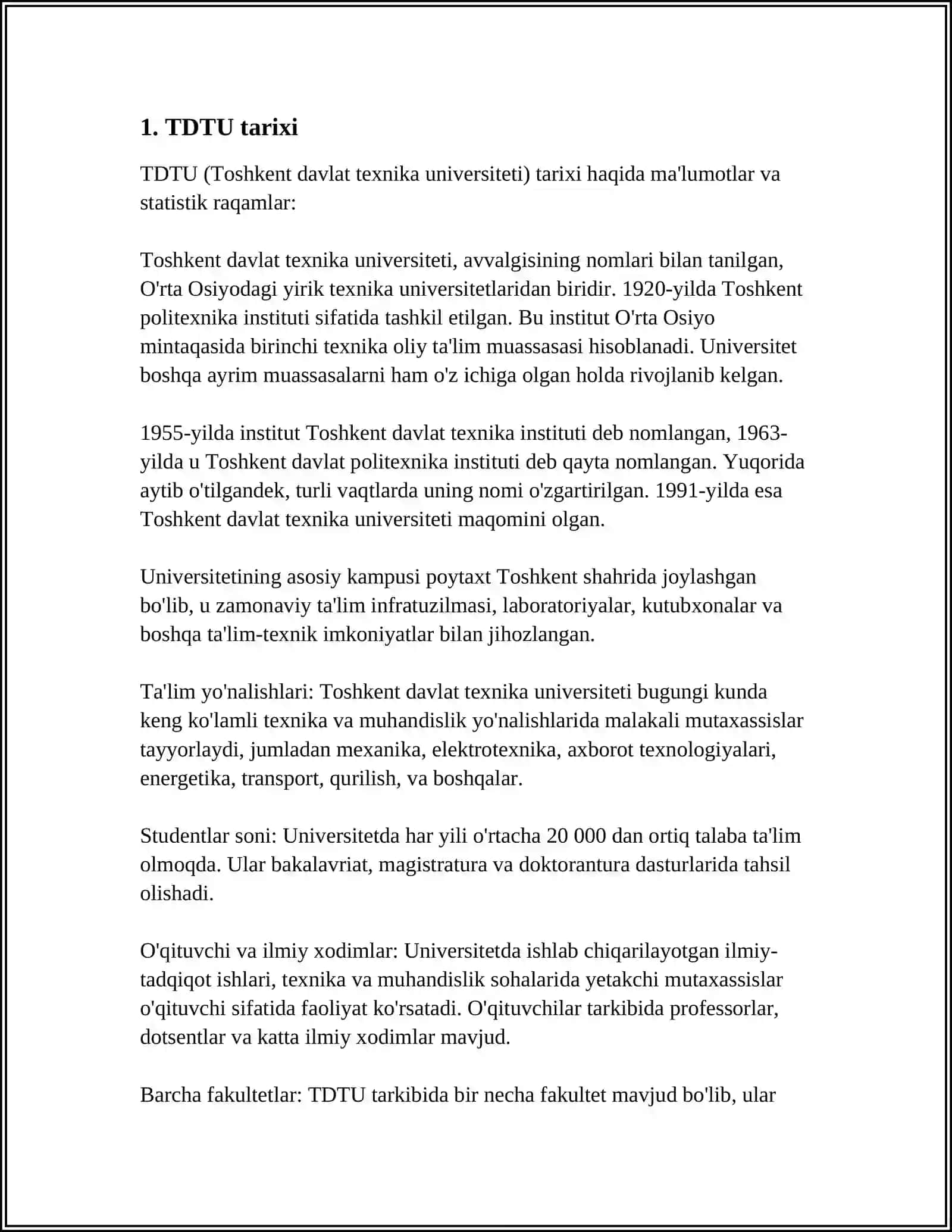MUSTAQIL ISH Mavzu: TDTU 3