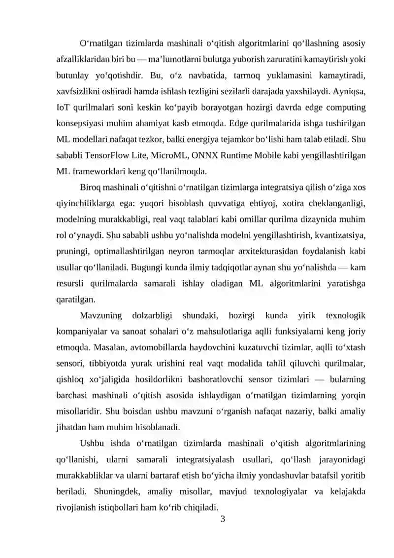 O’RNATILGAN TIZIMLARDA MASHINALI O’QITISH ALGORITMLARINI QO’LLASH 3