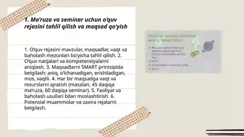 Ma’ruza va seminar mashg‘ulotlariga tayyorgarlik korish va uy ishlarini bajarish 3