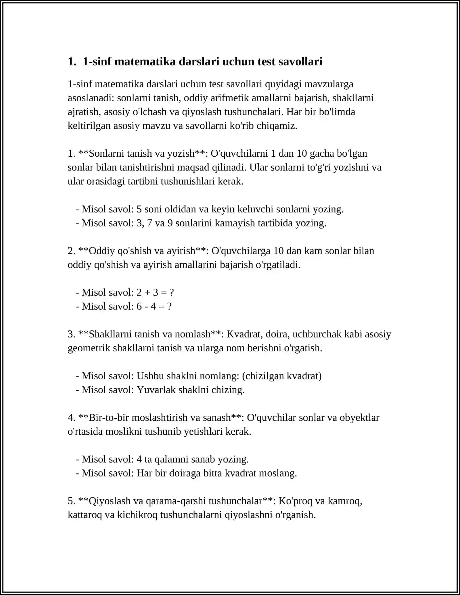 1-sinf matematika darslari uchun test savollari 3
