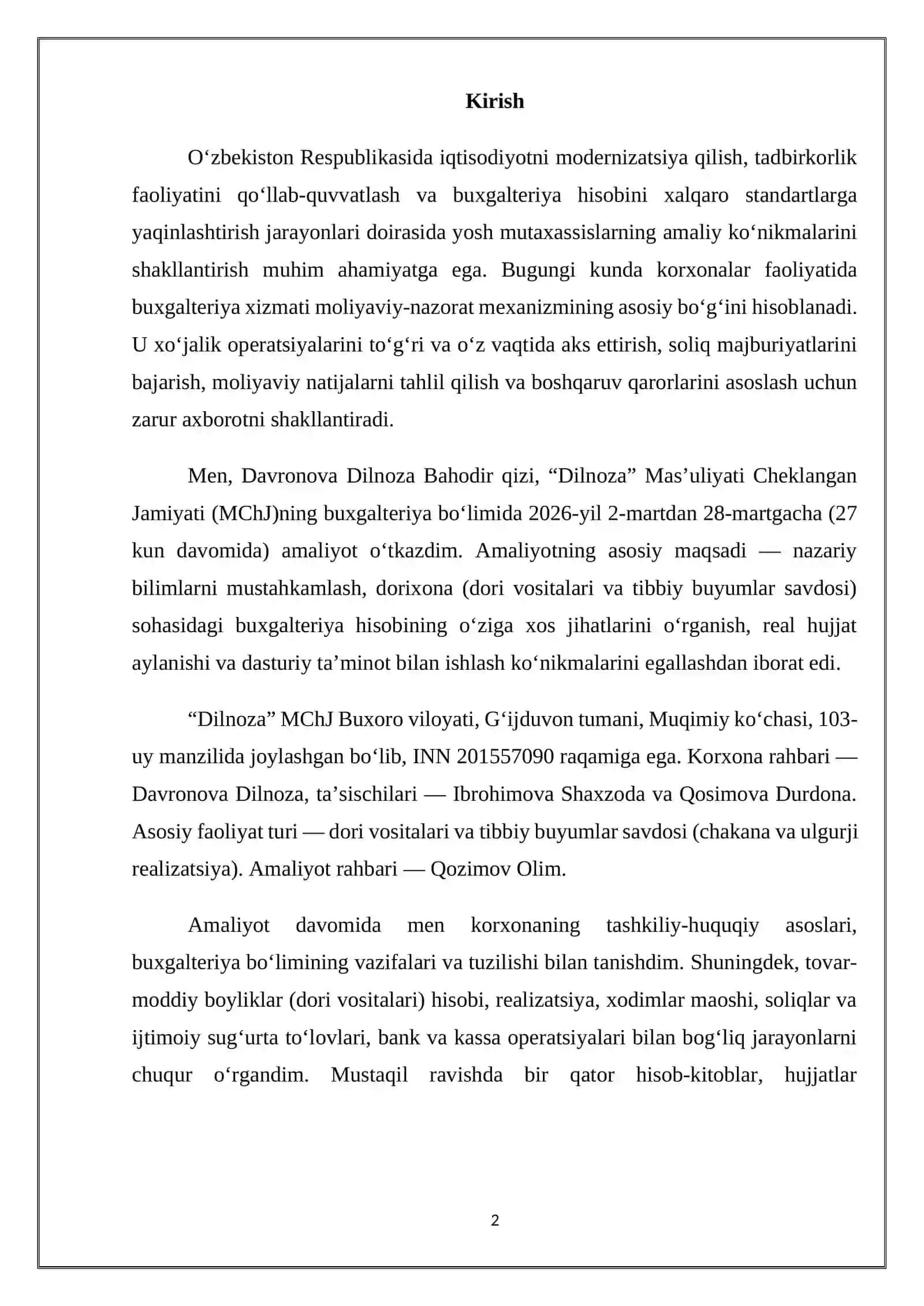 Dori vositalari va tibbiy buyumlar savdosi- Yakuniy Amaliyot Hisoboti 3