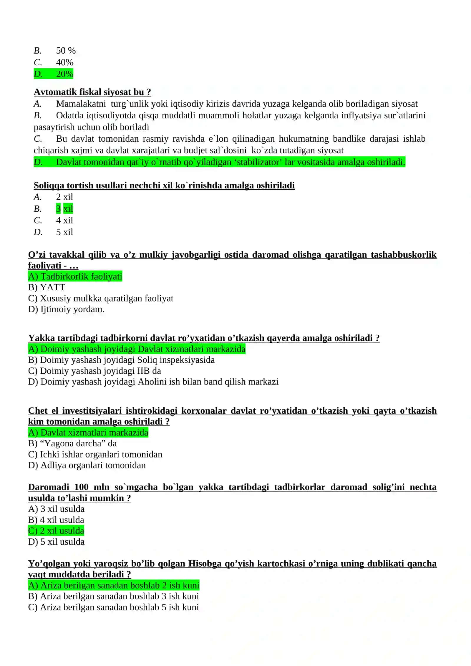SOLIQLAR VA SOLIQQA TORTISH FANIDAN TESTLAR TO`PLAMI 3