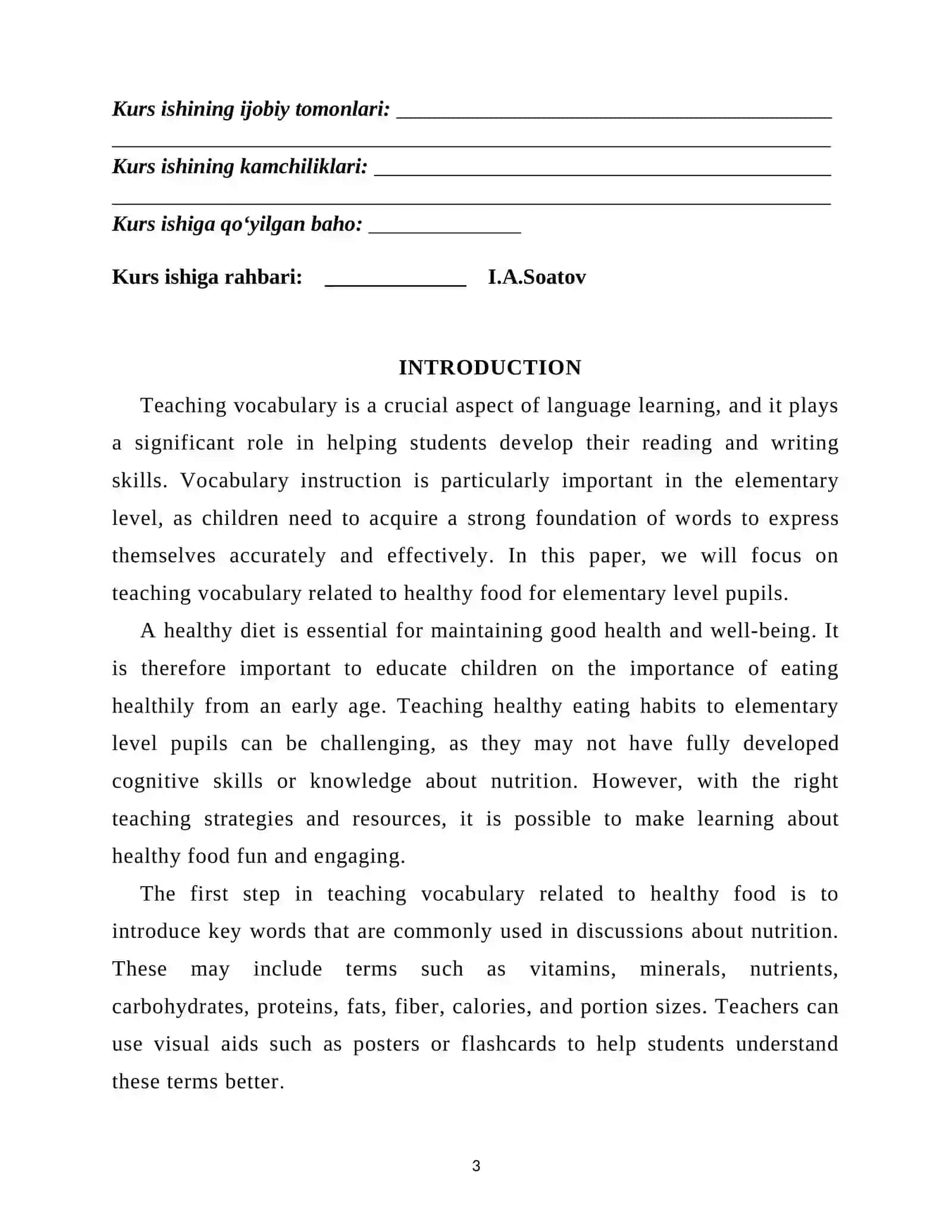 Teaching vocabulary on the topic Healthy food for the elementary level pupils 3