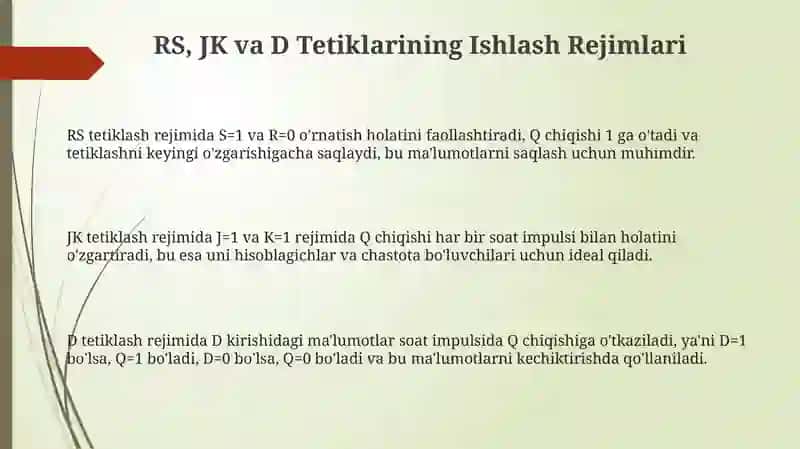 RS, JK va D triggerlarning ishlash rejimlari 3