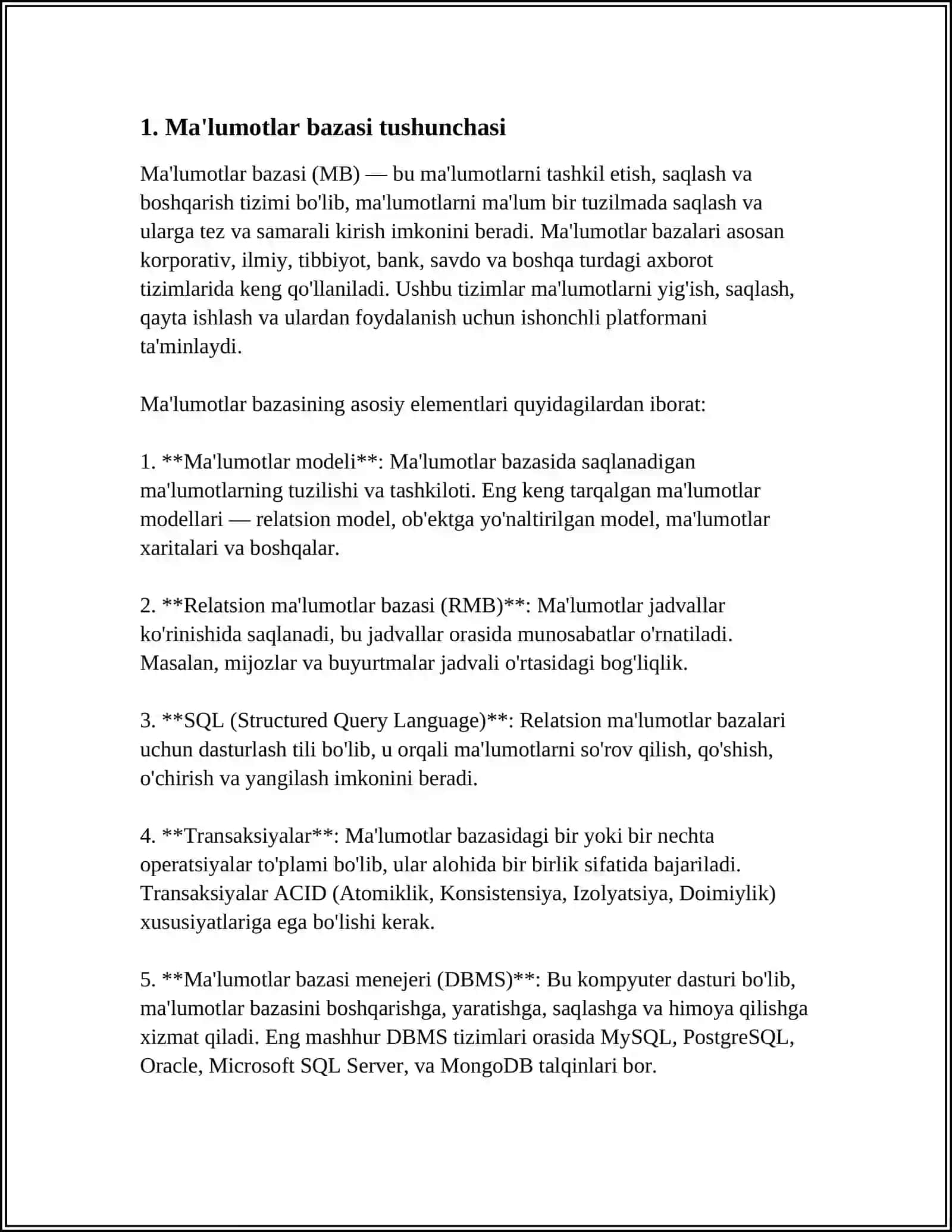 MA'LUMOTLAR BAZASI MODELLARI VA MA'LUMOT TURLARI 3