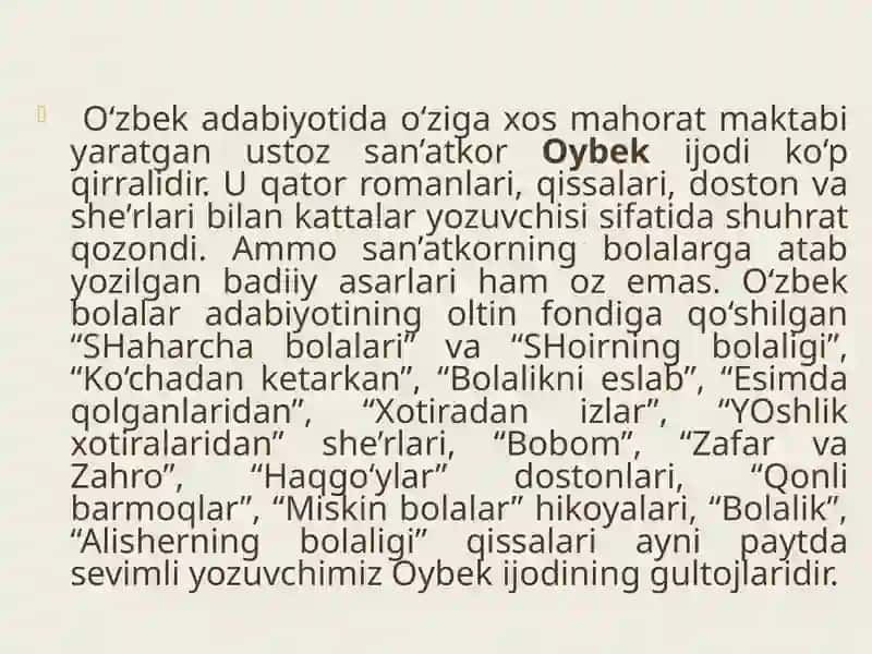 Hamid Olimjon Bolalarning Ertaknavis Shoiri. Oybeking Bolalik Olami 3