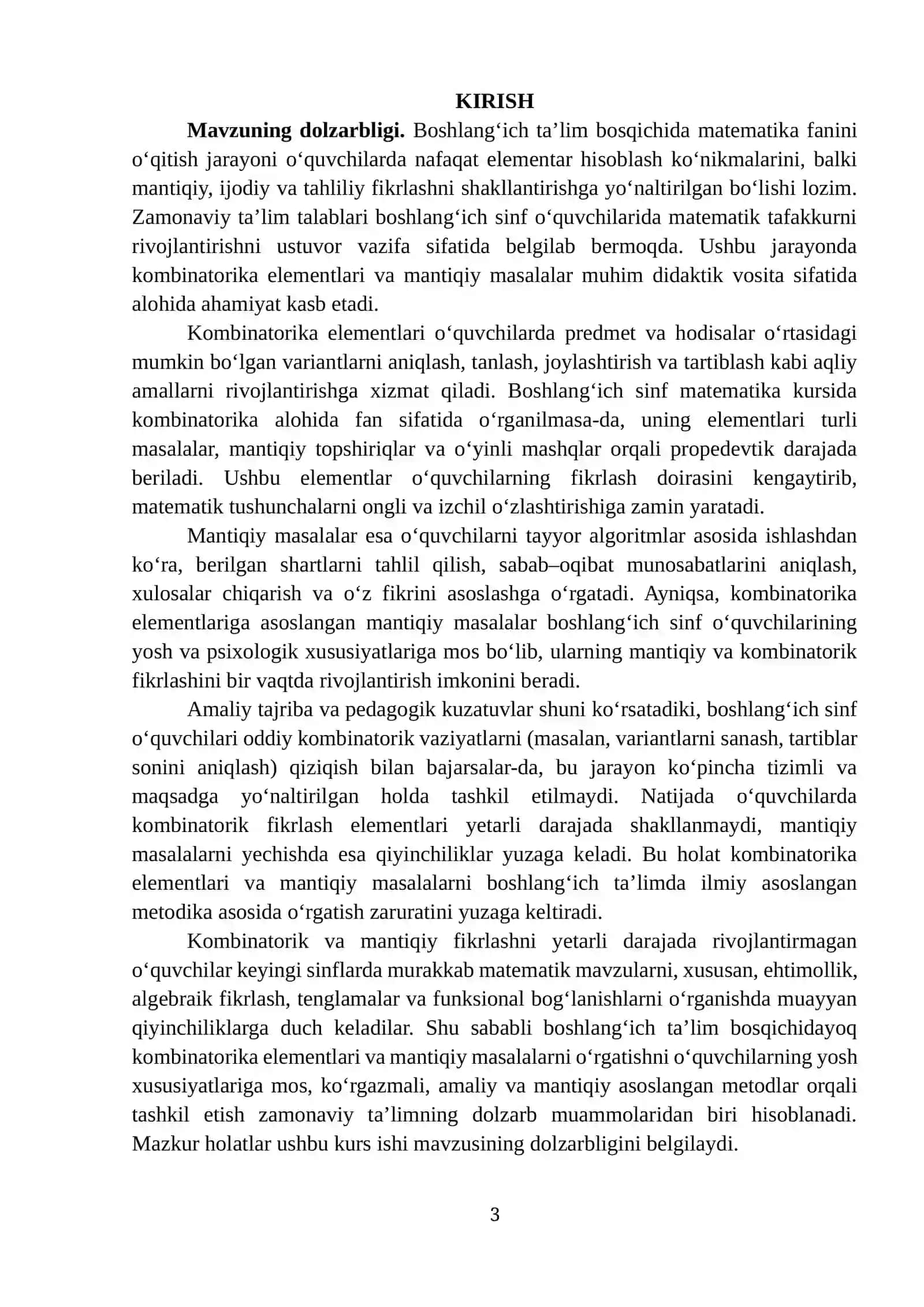 BOSHLANG‘ICH SINFLARDA KAMBINATORIKA ELEMENTLARI, MANTIQIY MASALALAR KURS ISHI 3