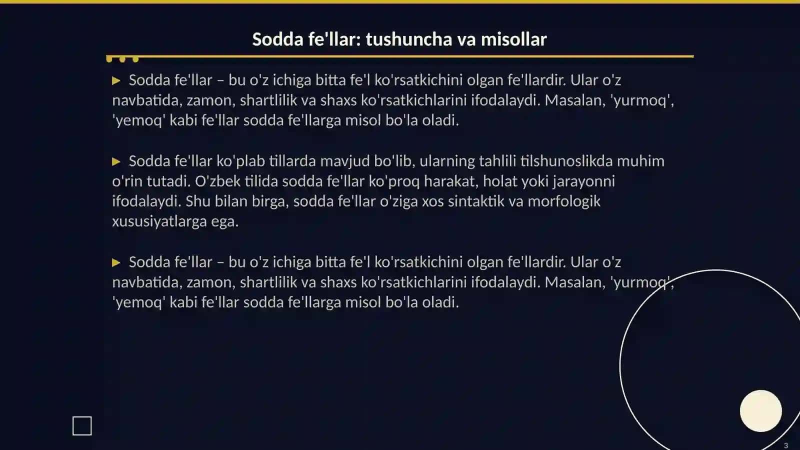 Fe'lning tuzilish jihatdan turlari:sodda va qo'shma fe'llar. Juft fe'llarning o'ziga xos xususiyatlari. Fe'lning modal ma'no ifodalovchi shakllari. Ko'makchi fe'llar 3