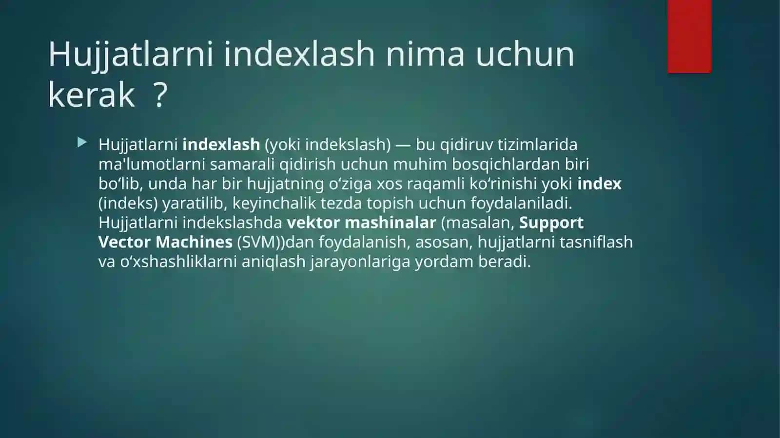 Hujjatlarni indekslashda vektor mashinalardan foydalanish 3