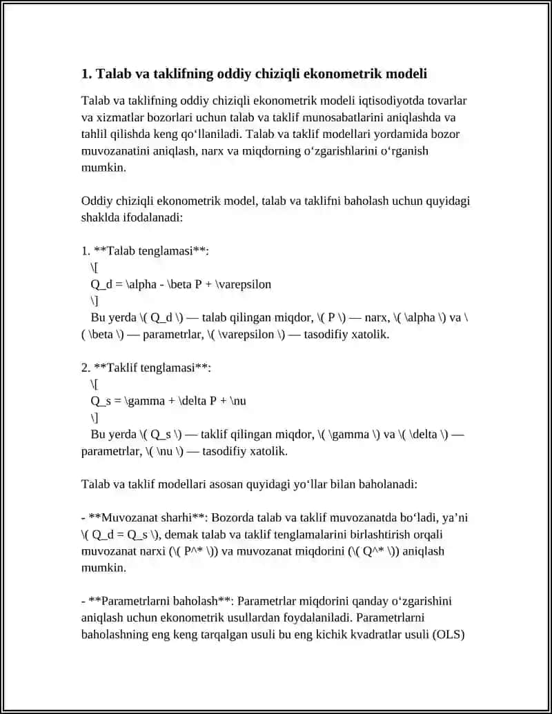 TALAB VA TAKLIFNING EKONOMETRIK MODELLARI 3
