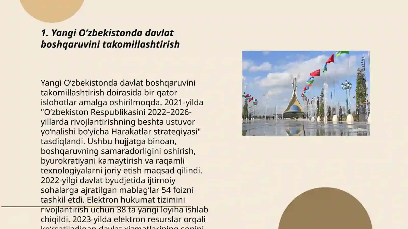 YANGI O’ZBEKISTONDA PREZIDENT SH.M.MIRZIYOYEV RAHBARLIGI VA TASHABBUSI OSTIDA AMALGA OSHIRILAYOTGAN ISLOHOTLAR 3