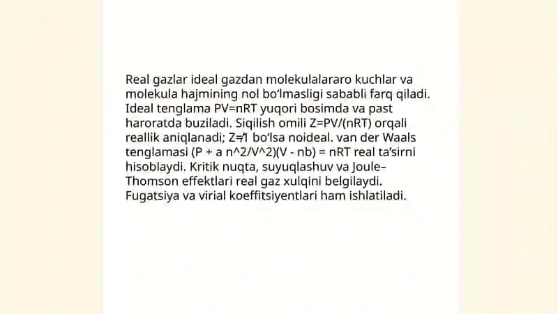 Real gazlar va ularda kechadigan termodinamik jarayonlar 3