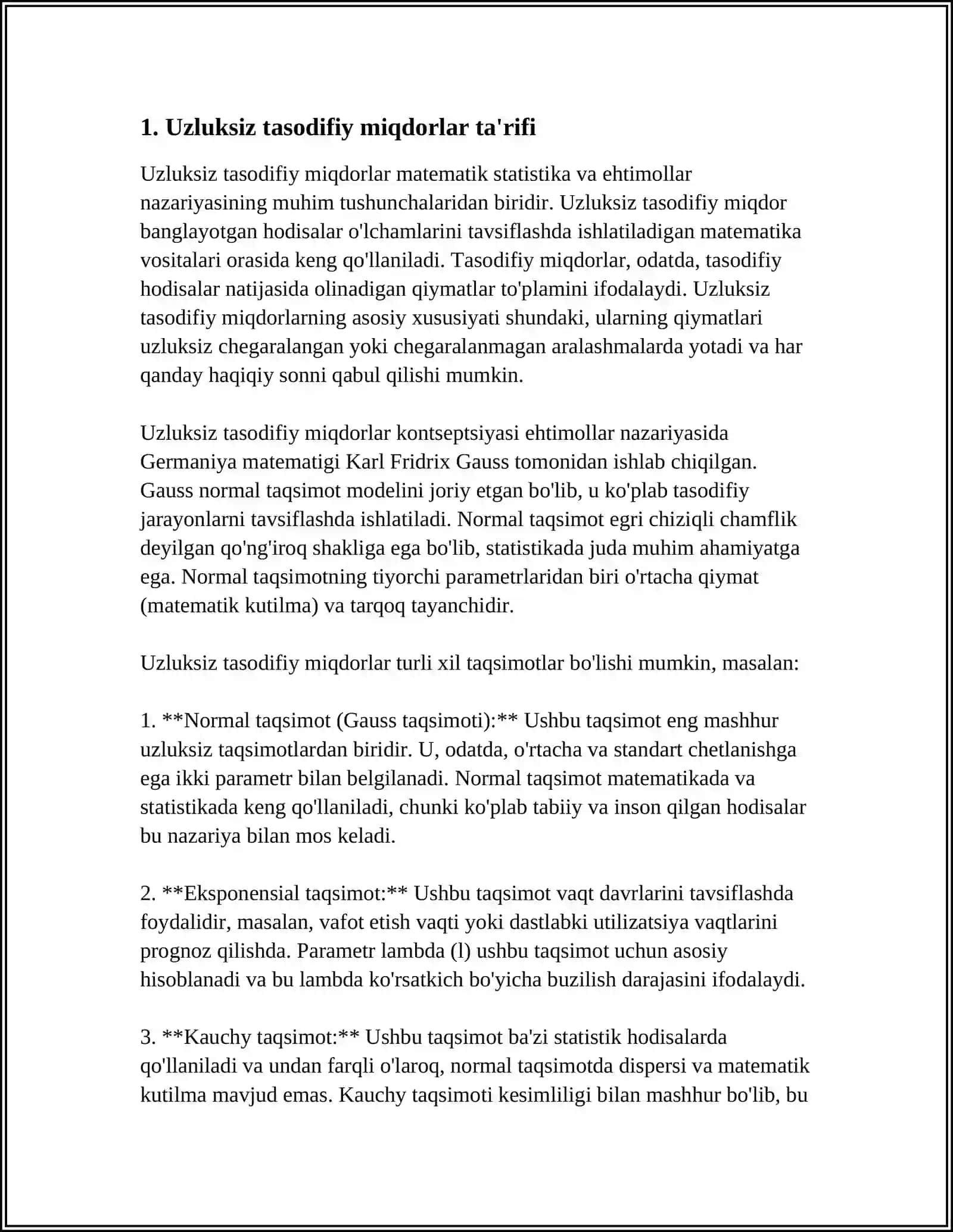 Uzluksiz tasodifiy miqdorlar 3