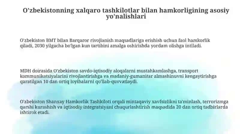 O‘zbekistonning xalqaro tashkilotlar bilan hamkorlik aloqalari 3