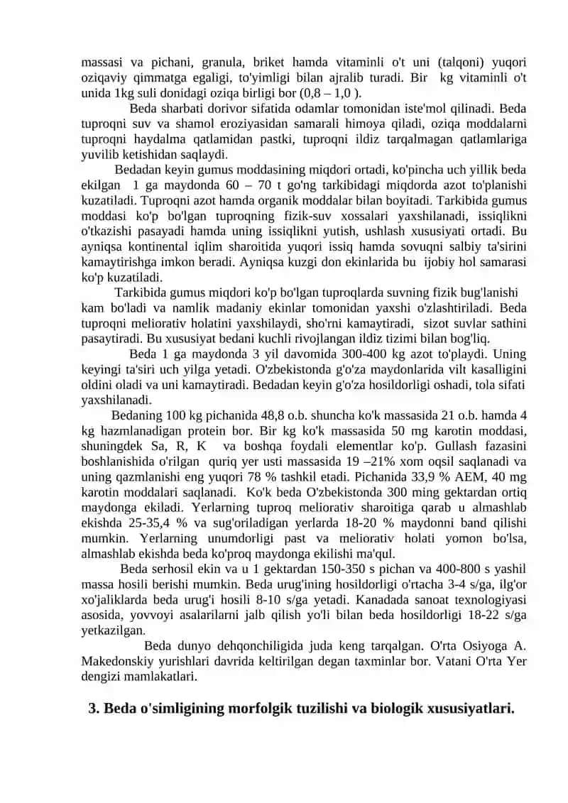 Xashaki o'tlarning. Beda o'simligining ahamiyati yetishtirish agrotexnikasi 3