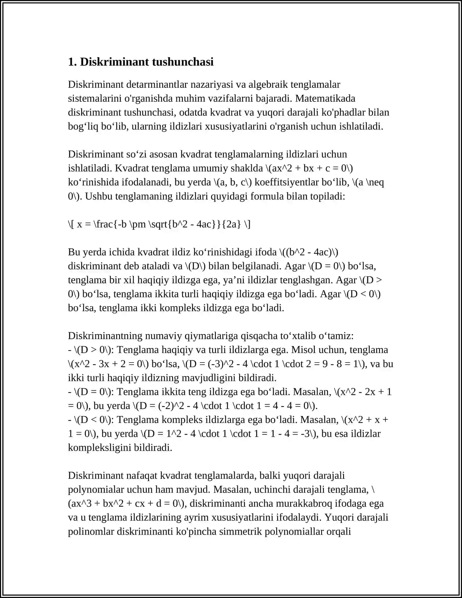 DISKRIMINANT HAQIDA TUSHUNCHA. KVADRAT TENGLAMANING XUSUSIY HOLLARI 3