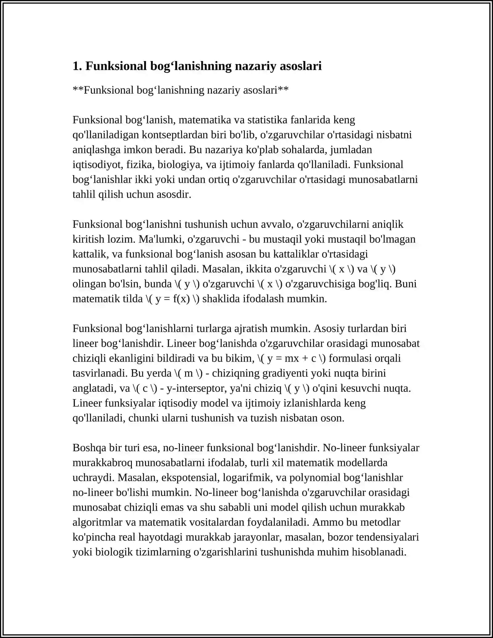 FUNKSIONAL, STATISTIK VA KORRELYATSION BOGLANISH, CHIZIQLI REGRESSIYA TENGLAMASIGA DOIR TADQIQOT ISHINI BAJARISH 3