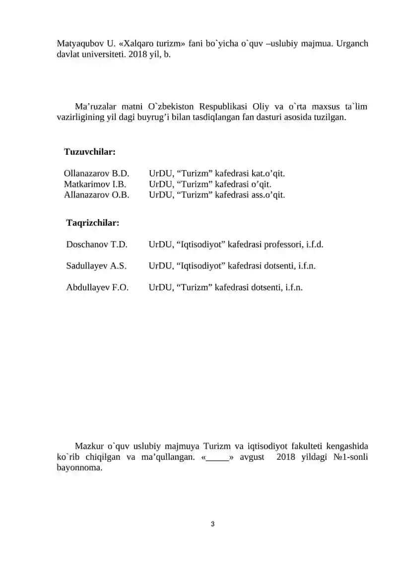 "EKSKURSIYA XIZMATINI TASHKIL QILISH" FANIDAN 3