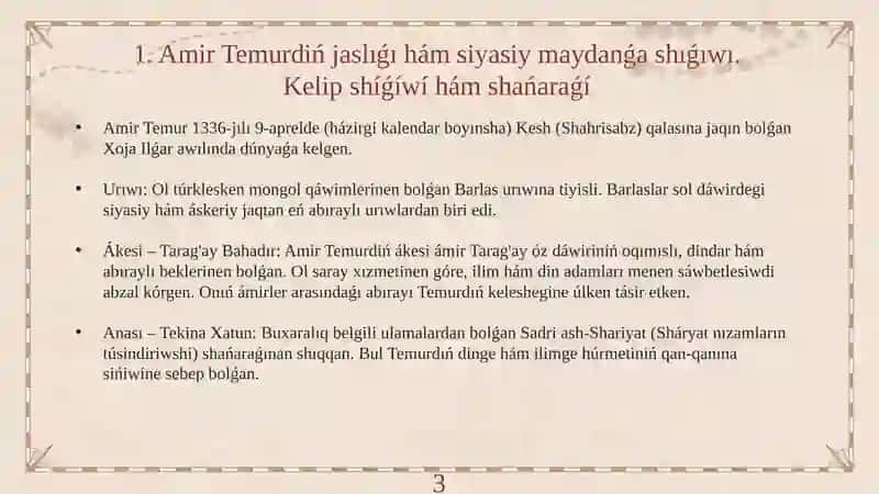 Amir Temur ullı mámleketlik ǵayratker (Qaraqalpaq tilinde) 3