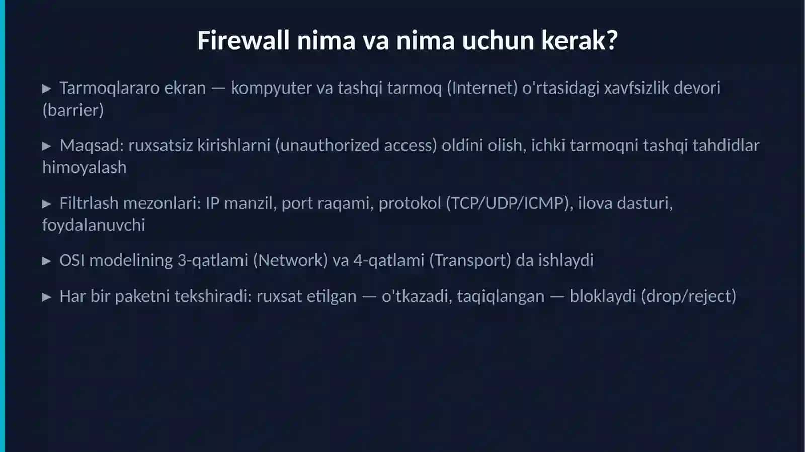 TARMOQLARARO EKRAN (FIREWALL) O'rnatish,sozlash va boshqarish 3