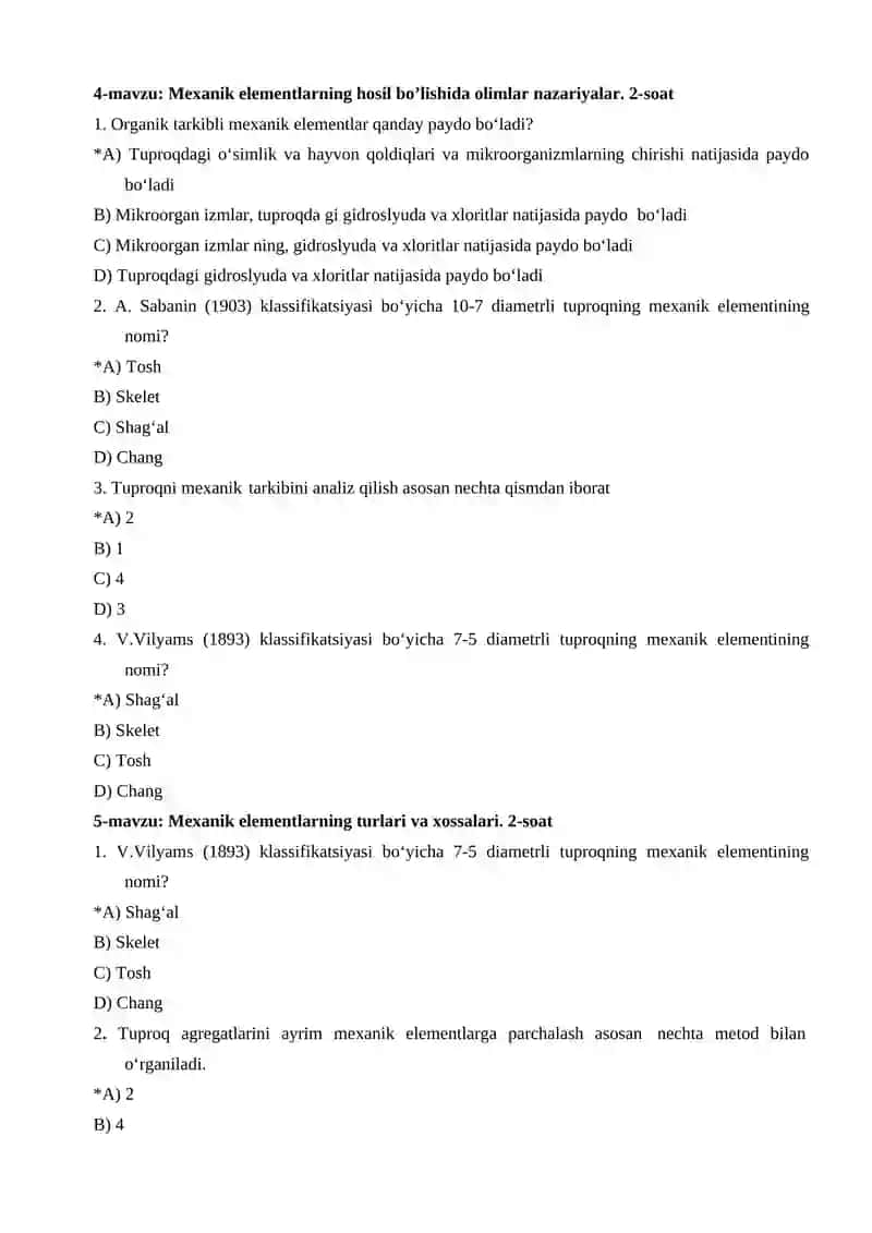 Tuproq fizikasi fanidan test 3