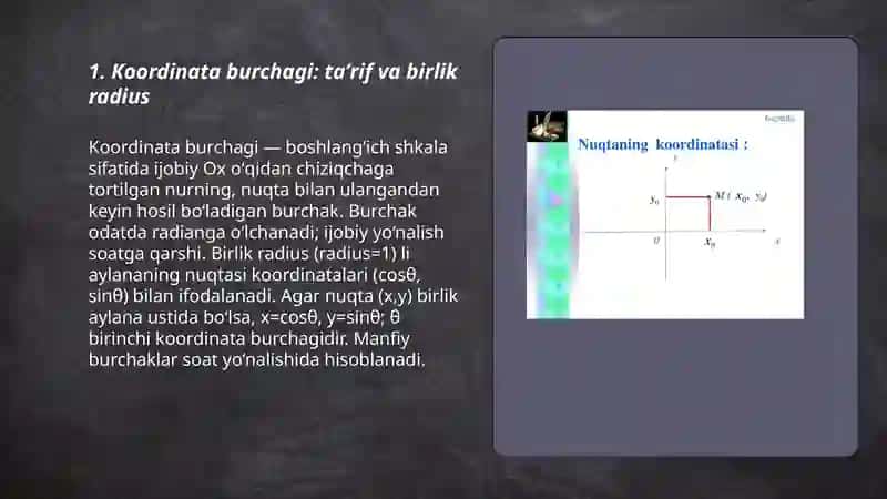 Koordinata burchagi.Nuqta koordinatasi 3